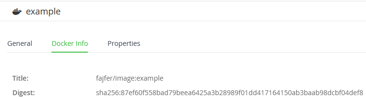 Digest field under 'Docker Info' in the UI also displays the hash